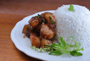 sweet pork with rice food in thaifood