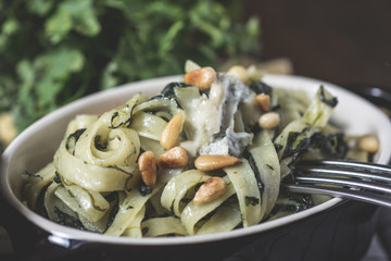 Pasta Tagliatelle with Spinach, Pine Nuts and Gorgonzola Cheese