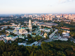 Aerial top view of Kiev Pechersk Lavra churches on hills from above, cityscape of Kyiv city