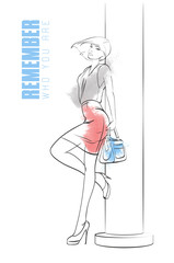 Stylish fashion model. Pretty young girl. Fashion girl Sketch