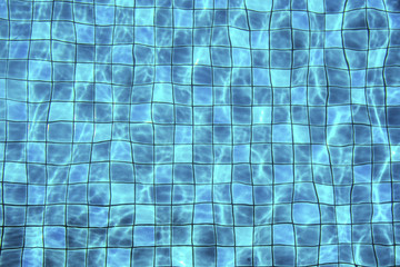 Blue swimming pool reflexions.Ceramic tilel lines distorted by water waves.