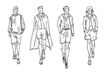 Fashion man. Set of fashionable men's sketches on a white background. Spring men.