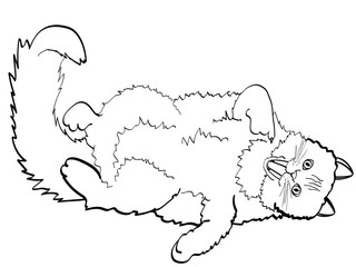 Children coloring, black lines, white background cat lying on back and showing finger in mouth. Vector, imitation comic style