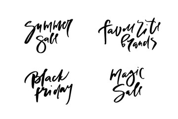 Vector illustration of calligraphy summer sale, favourite brands, black friday, magic sale, logotype, print, text for sell out, clearance sale, closeout, giveaway, promo of fashion, floristic