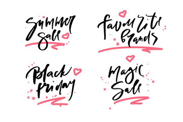 Vector illustration of calligraphy summer sale, favourite brands, black friday, magic sale, logotype, print, text for sell out, clearance sale, closeout, giveaway, promo of fashion, floristic