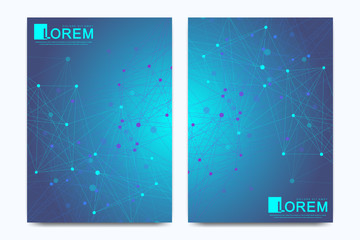 Fototapeta na wymiar Modern vector template for brochure Leaflet flyer advert cover banner magazine or annual report A4. Business, science, medical design book layout. Blue cybernetic dots. Lines plexus. Card surface