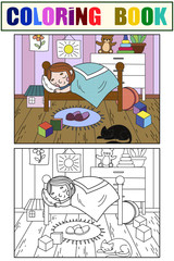 Fototapeta premium kids on the theme of childhood room coloring and color. Line room, sleeping girl, lots of toys