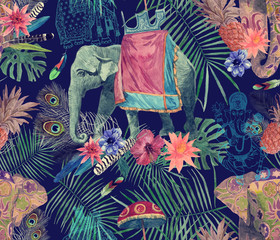 Seamless exotic watercolor pattern with elephants, flowers, leaves, feathers, ganesha.