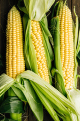 corn cob, wooden background, top view, agriculture