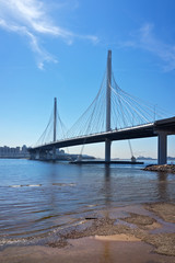 Saint Petersburg. Western Rapid Diameter. Beautiful cable-stayed bridge with two pylons across the mouth of the Malaya Neva River (Petrovsky Forvarter), view from the sandy shore of Krestovsky Island