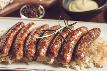Traditional German Grilled Sausages with Cabbage Salad, Mustard and Beer