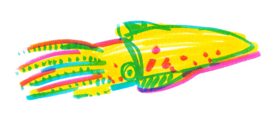 Illustration of a colorful squid painted in highlighter markers on clean white background