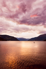 Sunset in fjord Hardanger Norway