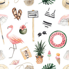 Seamless pattern with summer items. Hat, sunglasses, ice cream, cocktail, flamingo, magazine, swimsuit, seashells, starfish