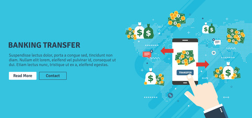 Banking transfer, transaction financial and money. Businessman hand clicking on transfer button in smartphone bank app.Transferring money to various accounts. Flat design vector illustration. 