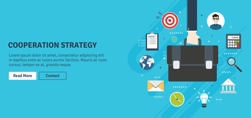 Cooperation strategy,business vision and leadership. Businessman hand holding a briefcase. Target, briefcase, bank, office, calculator, worldmap and business icons.Flat design vector illustration. 