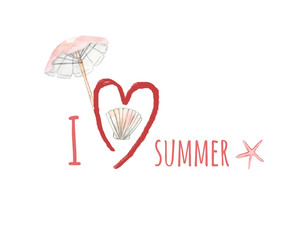 Watercolor summer logo. Umbrella, shell, starfish and an inscription 