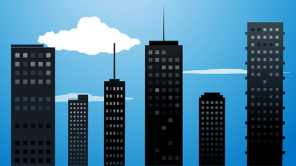 Vector drawing skyscrapers with clouds at night, city concept illustration