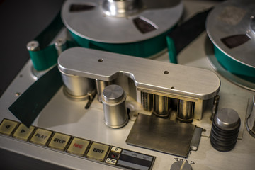 Old tape machine reels close up
