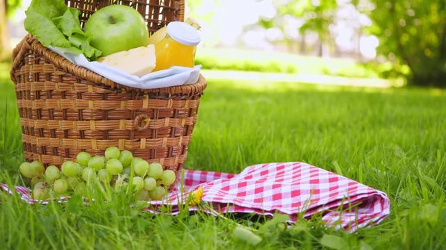 Wicker picnic basket with healthy food on red checkered table cloth on green grass outside in park
