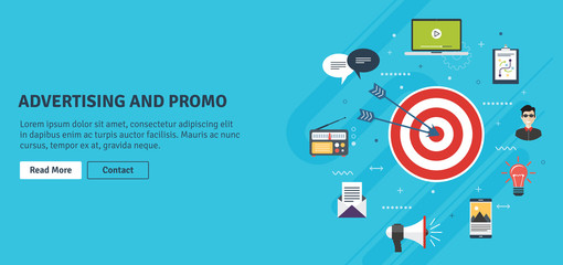 Business marketing,promotion,advertising and strategy.Advertising and marketing communication icons.Advertising and promotion internet banner concept with icons in flat design vector illustration.