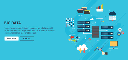 Network server of computers and business intelligence.Database security system. Backup data traffic analysis. Big Data and cloud computing banner concept with icons in flat design vector illustration.