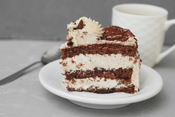 Delicious Piece of Chocolate Cake in white Plate Gray Textured Background Isoalted Sweet Dessert