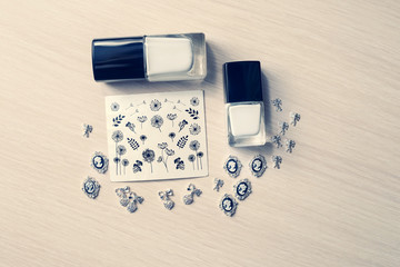 Decorations for nail design, nail polishes, instant decals stickers