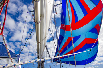 Flying a colorful spinnaker on a seaworthy sailing yacht