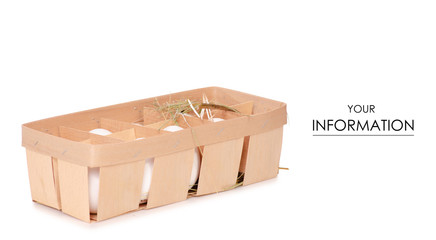 Chicken eggs in a wooden box of hay pattern on a white background isolation