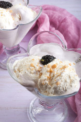 Delicious, cold dessert with a pleasant taste of mulberries and milk.