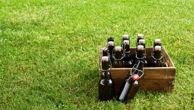 Crate of craft beer on green grass with copy space