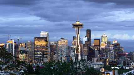 Seattle downtown skyline buildings evening