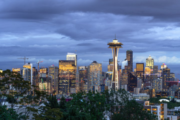 Seattle downtown skyline buildings evening