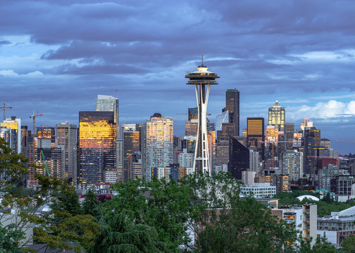 Seattle downtown skyline buildings evening