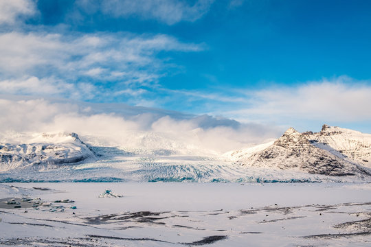 Dramatic icelandic landscape. Scenic view of icebergs in frozen Jokulsarlon Glacier Lagoon, Iceland.
