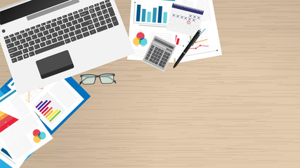 Top view of office workplace, office supplies, notebook. Charts, documents