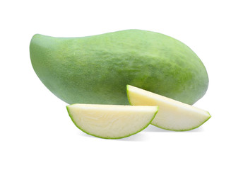 whole and sliced green mango isolated on white background