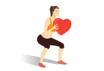 Woman holding a heart while try doing squat exercises. Illustration about strong with cardio workout.