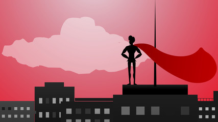 Cartoon, vector drawing of Super Hero silhouette watching the city from top of the skyscraper in the sunset illustration, Guardian of city concept