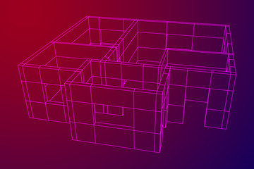 Abstract architecture building. Plan of modern house. Wireframe low poly mesh construction.