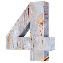 Decorative wooden alphabet digit four symbol - 4. 3d rendering illustration. Isolated on white background