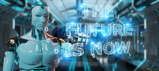 White cyborg using future decision text interface 3D rendering