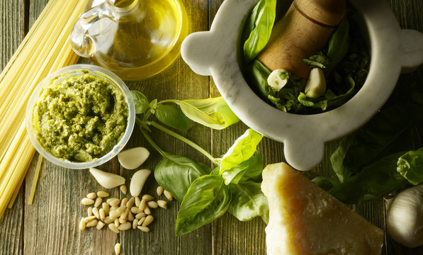 Ingredients for Genoise pesto sauce on the wooden table