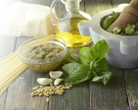 Ingredients for Genoise pesto sauce on the wooden table