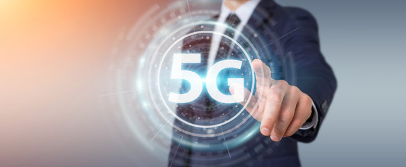 Businessman using 5G network interface 3D rendering