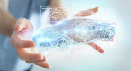 Businessman using modern smart car interface 3D rendering