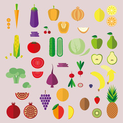 Set of flat icons: vegetables and fruits.