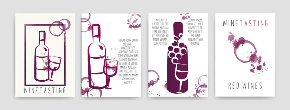 Collection of templates with wine designs. Brochures, posters, invitation cards, promotion banners, menus. Wine stains. CMYK colors. Vector.