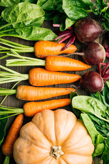 carrots, beets, spinach, pumpkin on a wooden background, fresh vegetables